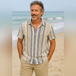 Hudson & Barrow Men’s S Blue Kakhi Button Front Shirt 100% Cotton S/S Beach Coas